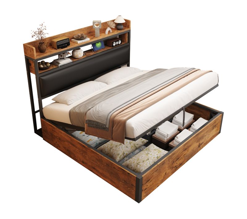 Lit Coffre 180x200 Cm - Tête Capitonnée - Rangement - USB - Design Moderne - Noir