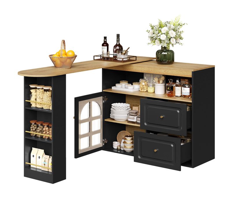 Îlot Cuisine Moderne, Buffet Rotatif, 2 Tiroirs, Meuble Bar, Étagères Ouvertes, Mdf, Noir
