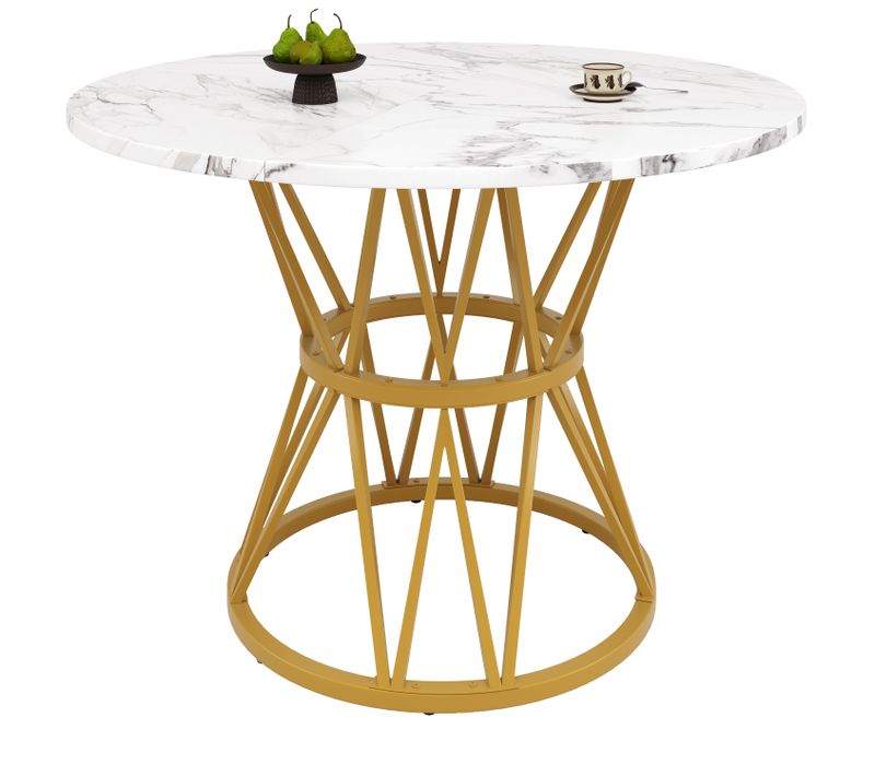 Table à Manger Ronde - Pieds Métal Solides - Plateau Effet Marbre - Moderne - Mdf - Blanc + Doré