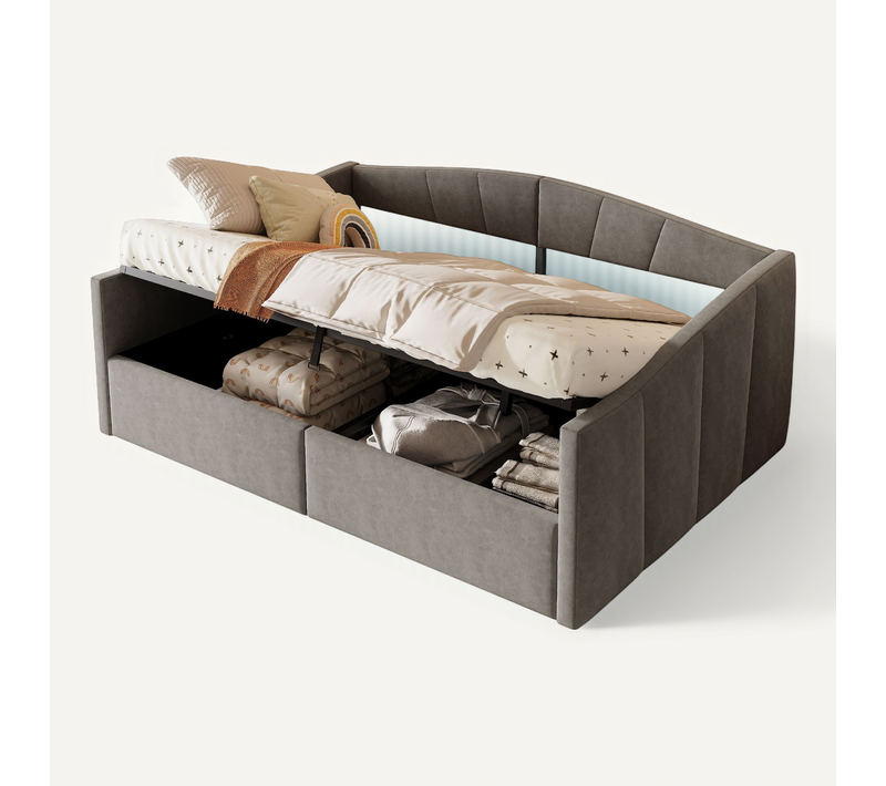Lit Banquette 140x200 Cm - Lit Double Avec Coffre Et Accoudoirs Rembourrés - Velours Gris Foncé
