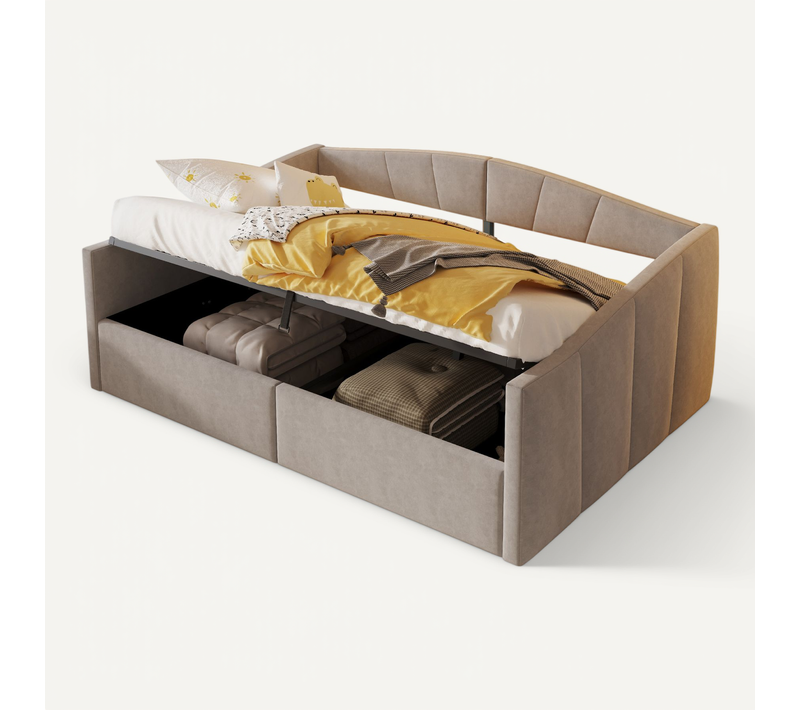 Lit Banquette 140x200 Cm - Lit Double Avec Coffre Et Accoudoirs Confortables - Velours Gris Clair