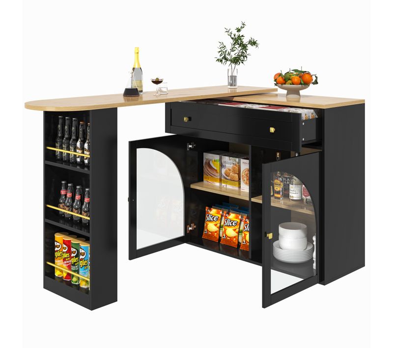 Îlot Cuisine Pivotant 360°, Buffet, Meuble Bar, 3 Étagères, Vitre Verre, Mdf, Noir