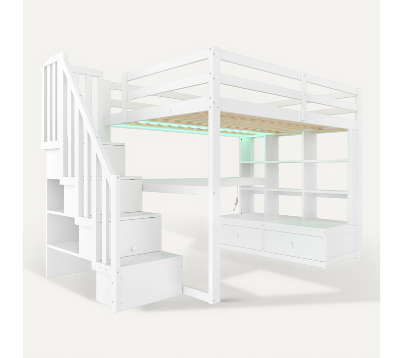 Lit Mezzanine 140 X 200 Cm,lit Enfant Cabane Avec Bureau,escalier De Rangement,tiroirs,stable, Blanc