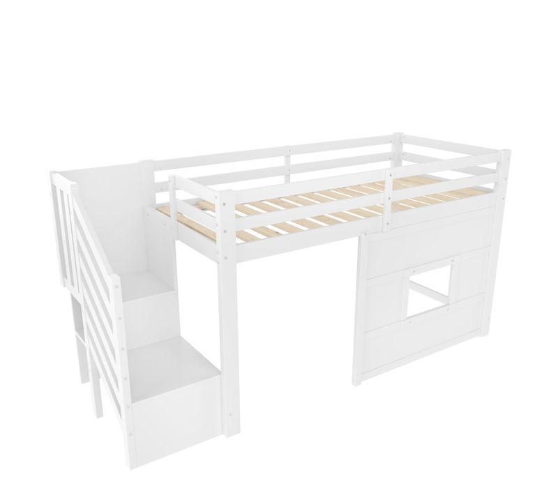Lit Mezzanine90 X 200 Cm,lit Ado Et Enfant Avec Escalier,rangement,led Et Garde-corps Sécurisé,blanc