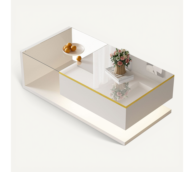 Table Basse Moderne - Effet LED - Plateau En Verre - Finition Haute Brillance - Mdf - Blanc