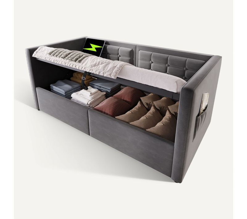 Lit Banquette 90x190 Cm - Coffre Latéral Hydraulique, USB Et Type-c, Velours Gris