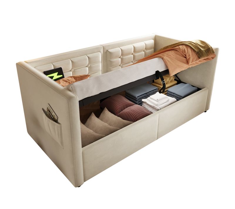 Lit Banquette 90x200 Cm - Coffre Hydraulique Avec USB-c, Velours Beige