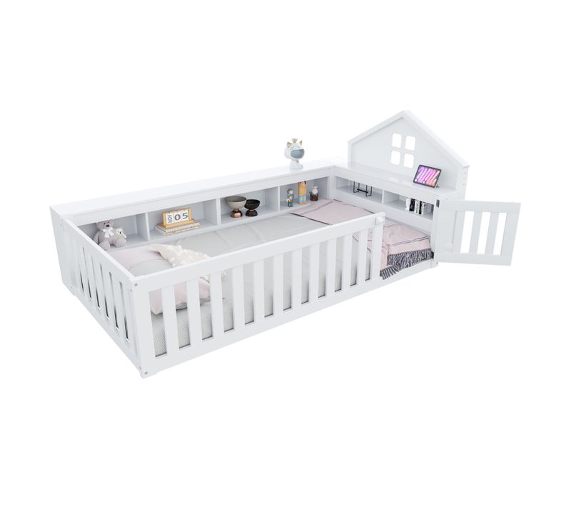 Lit Enfant 90x200 Cm - Lit Cabane Avec Toit, Sécurité Et Rangement,design Ludique, Blanc