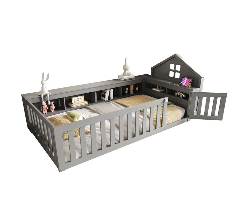 Lit Enfant 90x200 Cm - Lit Cabane Bois Avec Toit Et Sécurité - Espace De Rangement - Gris