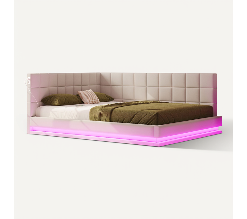 Lit Banquette 160x200 Cm - Lit Double Avec Dossier Tissu - Beige