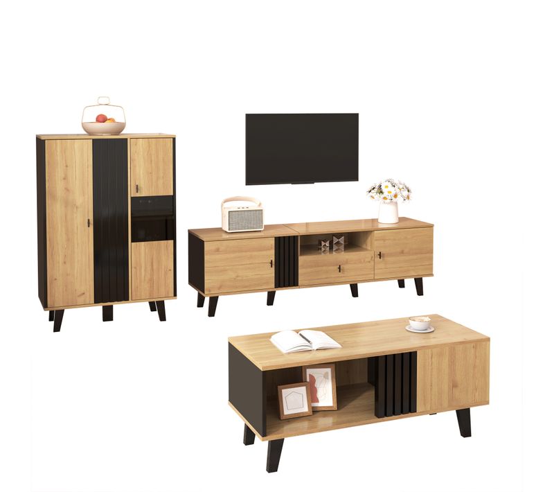 Meuble De Rangement Avec 3 éléments Et éclairage LED, Pour Salon, Noir Et Naturel