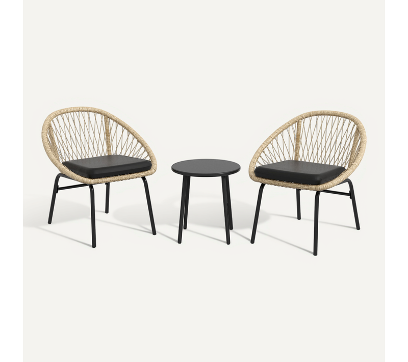 Salon De Jardin 3 Pièces Rotin Pe Jaune Avec Coussins, 2 Chaises Et Table Cadre Acier Moderne