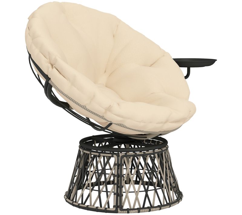 Fauteuil Papasan Outsunny 360° Pivotant D.90 Cm, Rotin Pe Beige Avec Coussin, Intérieur/extérieur