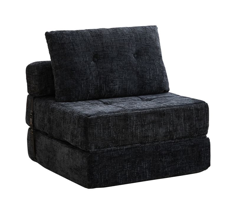 Fauteuil Convertible 1 Place Avec Matelas Pliable Et Coussin - Structure Métal - Chenille - Noir