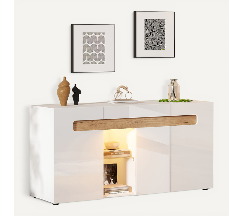 Buffet Rangement 3 Placards Avec LED Application, Design Moderne, Facile à Entretenir, Blanc