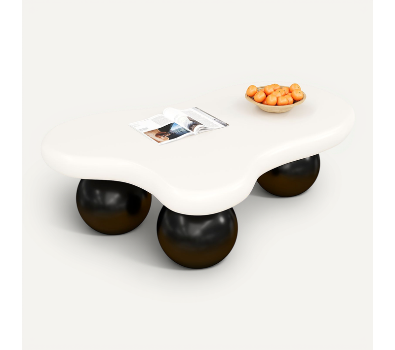 Table Basse Salon, LED Multicolore, Forme Nuage, Pieds Ronds Noirs, Mdf, Blanc