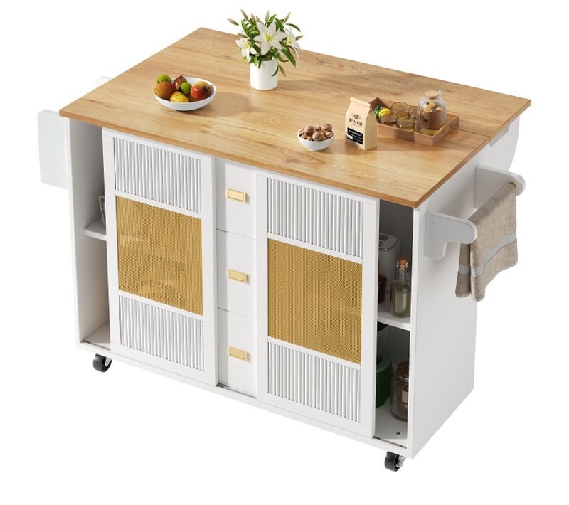 Îlot Cuisine Avec Rangement, Porte-serviettes Et Étagère à Épices, Buffet Mobile Mdf, Blanc