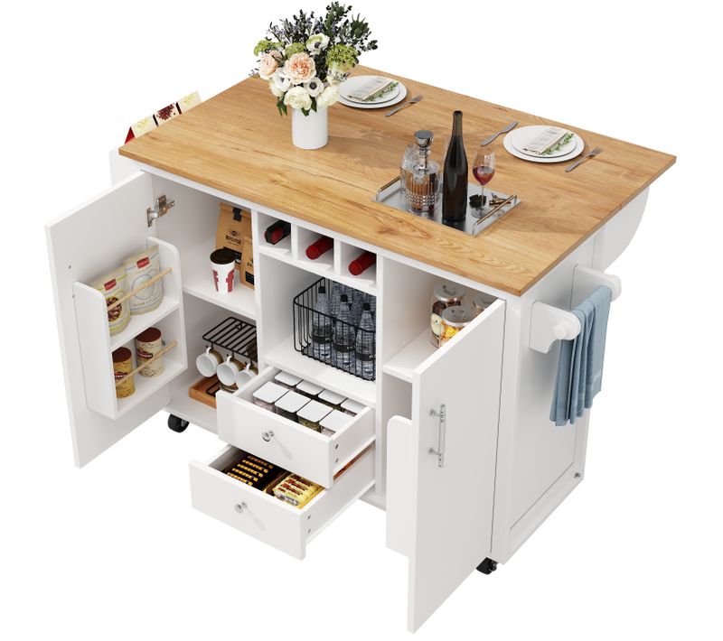 Îlot Cuisine Avec 2 Portes, 4 Tiroirs, Plateau Pliant, Étagère à Épices Et Porte-serviettes, Blanc