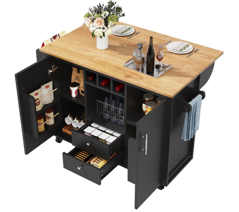 Îlot Cuisine Avec Rangement, 2 Portes, Étagères Ajustables, Porte-serviettes Et Rack à Épices, Noir