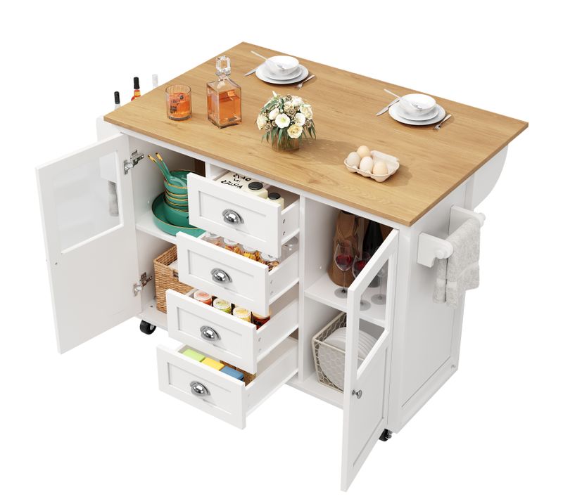 Îlot Cuisine Multifonction Avec Porte-serviettes, Étagère à Épices, 2 Portes Et 4 Tiroirs, Blanc