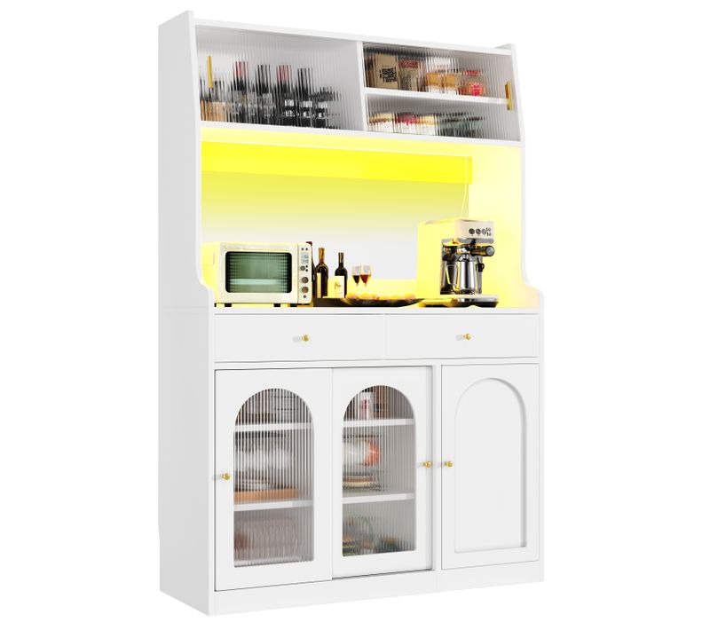 Vitrine LED - Buffet Haut Avec Étagères Réglables Et 2 Tiroirs, Mdf, Blanc