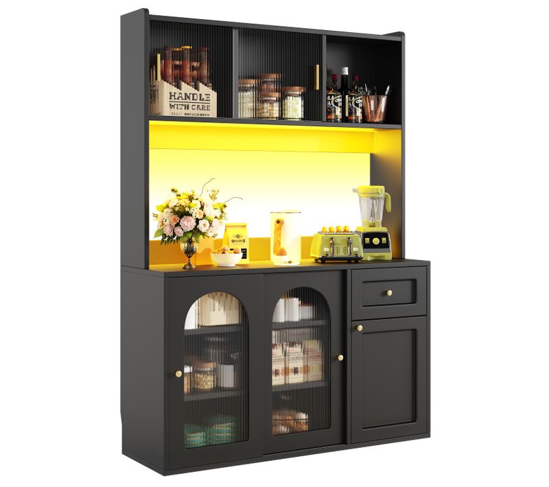 Vitrine Avec LED - Buffet Haut Avec Étagères Ajustables, Meuble De Rangement Pour Salon, Mdf - Noir