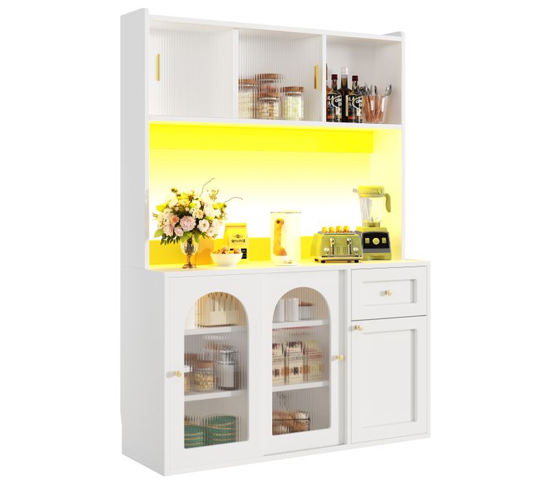 Vitrine Avec LED - Buffet Haut Avec Étagères Ajustables, Meuble De Rangement Pour Salon, Mdf - Beige