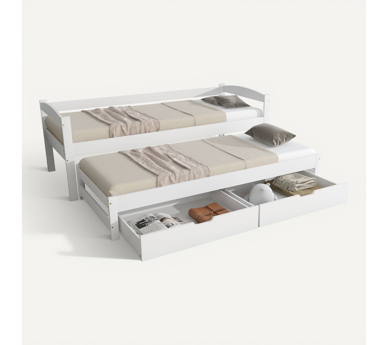 Lit Gigogne 200x90 Et 190x90 Cm - 2 Tiroirs Pratiques - Structure Stable - Blanc