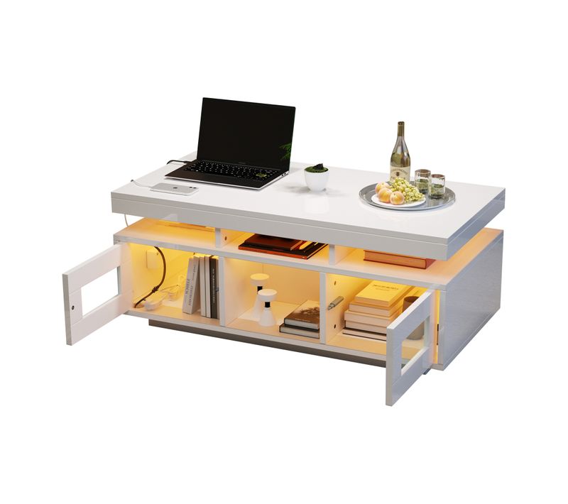Table Basse Blanc, 2 Placards Push LED Contrôlable Via Appli, Prises Européennes