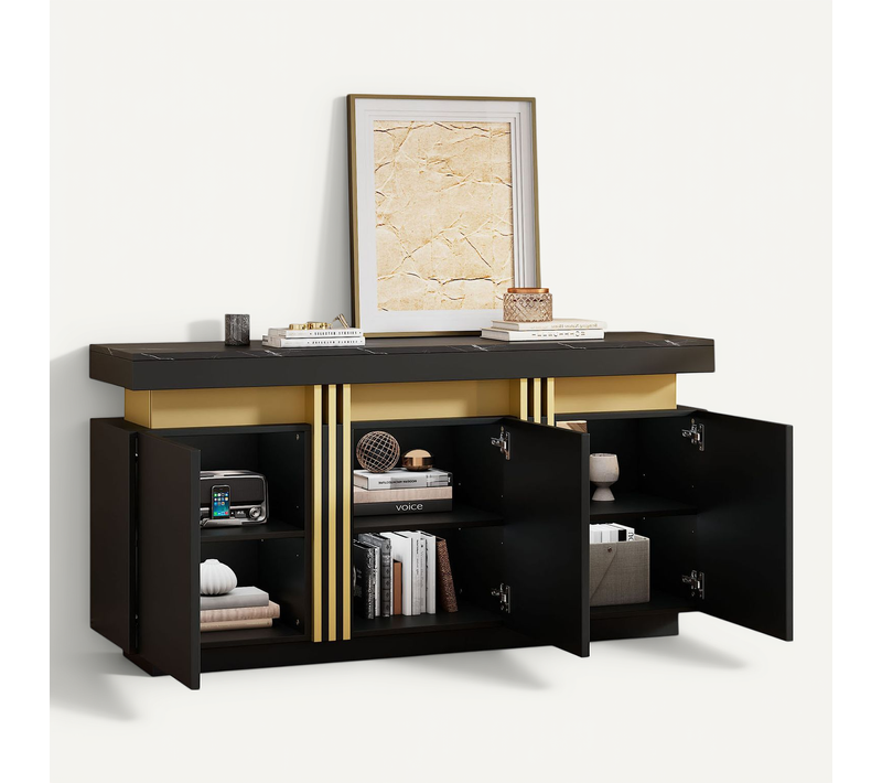 Buffet - 3 Placards - 6 Niches - Grand Meuble De Rangement - Noir Marbre Platine