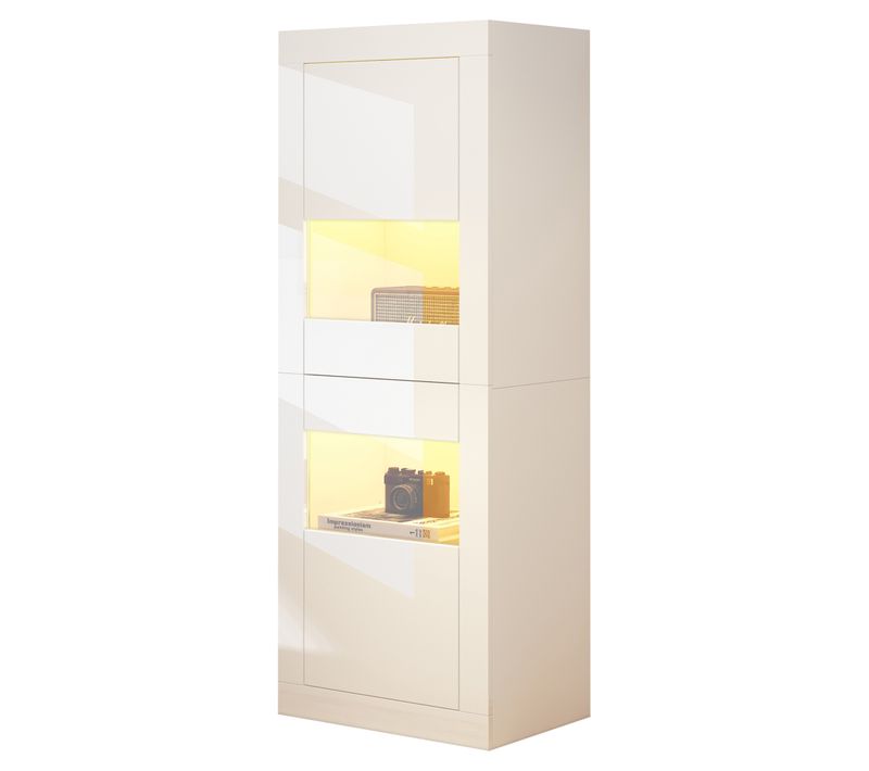 Vitrine - Rangement Haute Brillante - 2 Portes - 3 Étagères Réglables - Verre Trempé - Blanc