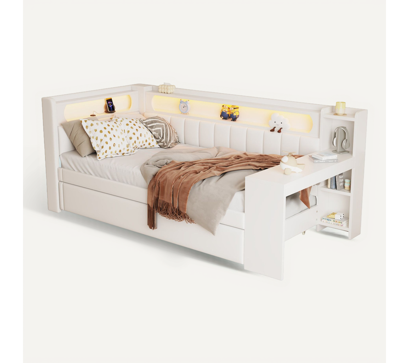 Lit Gigogne 90x200 - Lit Déco Avec Tiroir Et Bureau Intégré - Structure Stable - Lin - Blanc