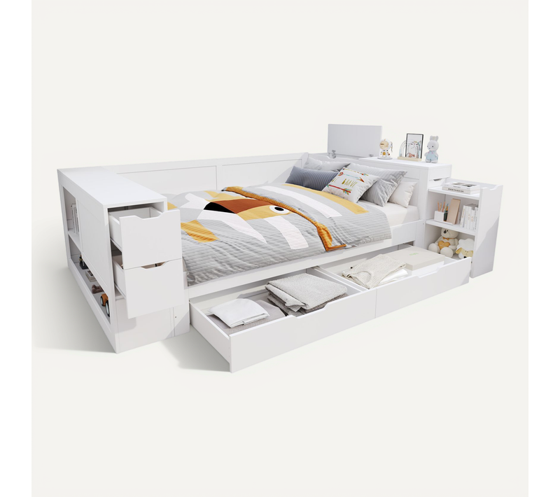Lit Enfant 200x140 - Lit Simple Multifonction -Tiroirs Et Rangements - Moderne - Blanc