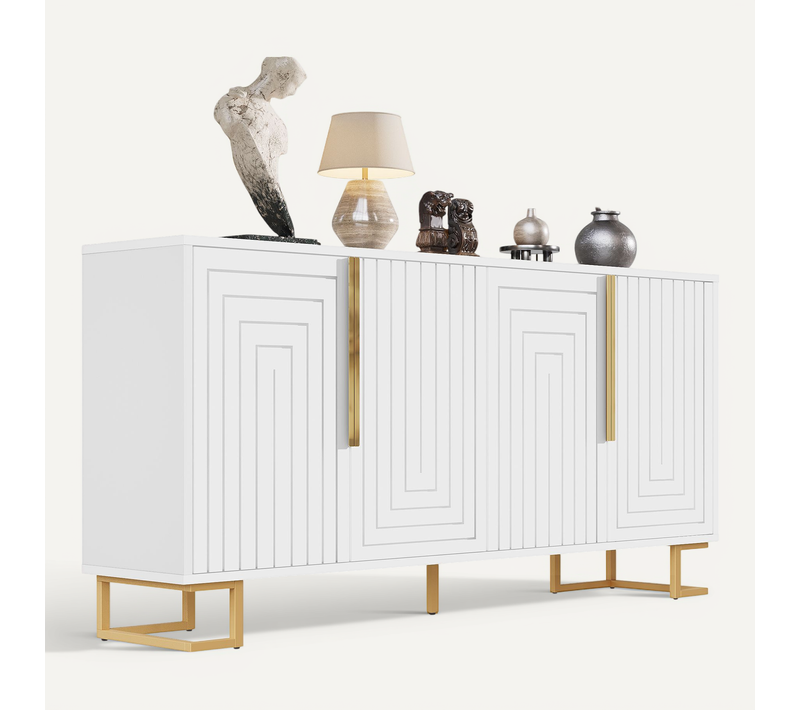 Buffet Bas Moderne Blanc Portes 4 Tiroirs Cuisine Salle à Manger Mdf