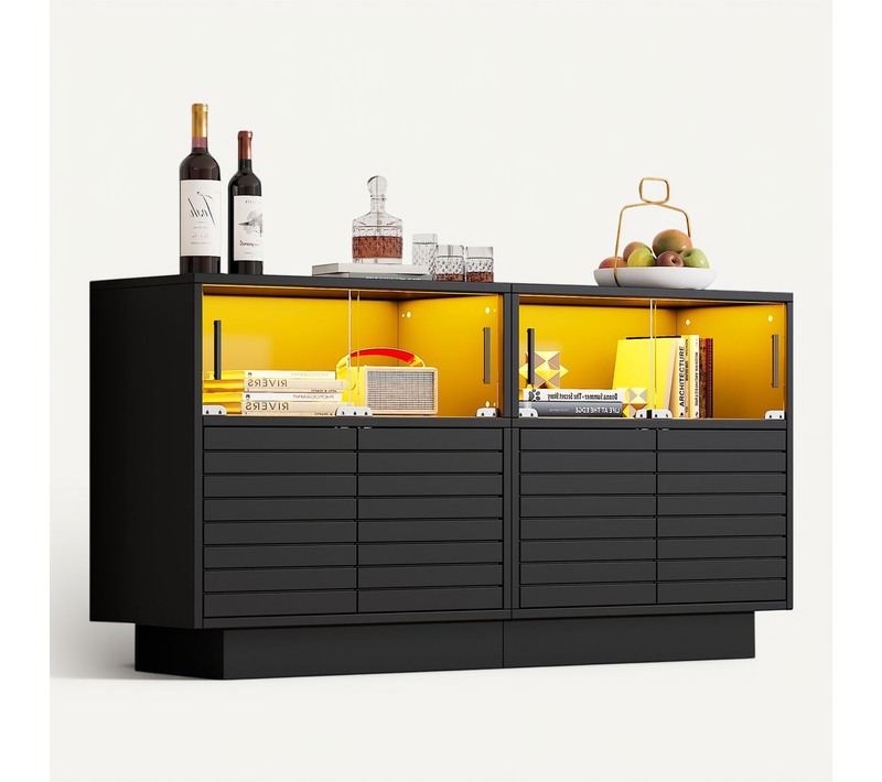 Buffet - LED - 4 Placards - Portes Verre - Stable - Grand Espace De Rangement - Noir