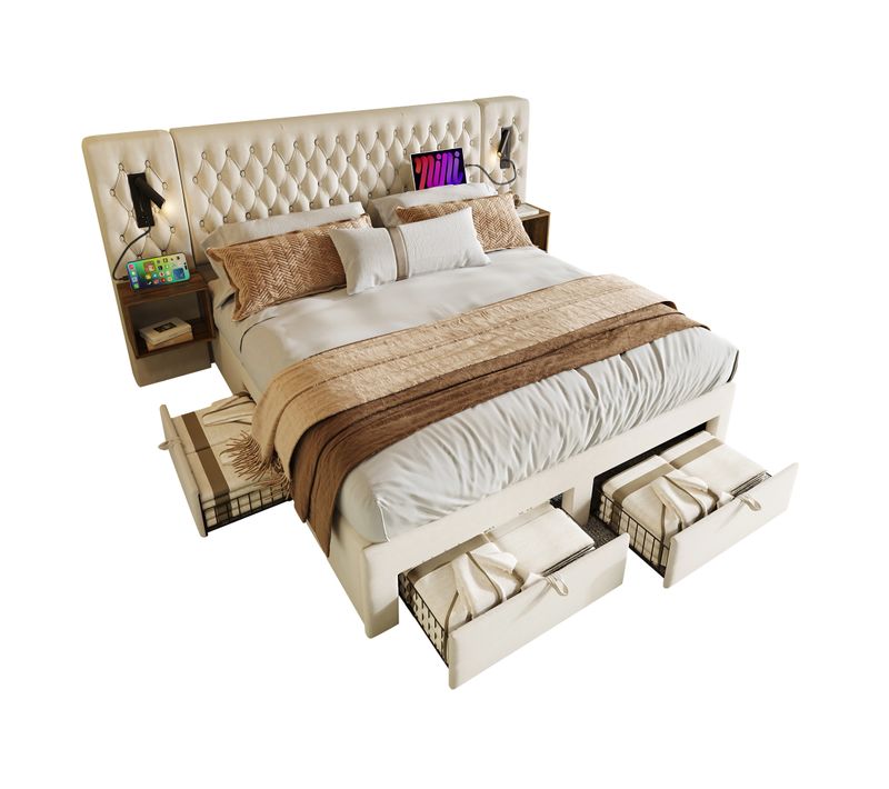 Lit Avec Rangements 160x200 Cm - Lit Capitonné Avec LED Et Tiroirs - Lit Et Tables - Velours - Beige