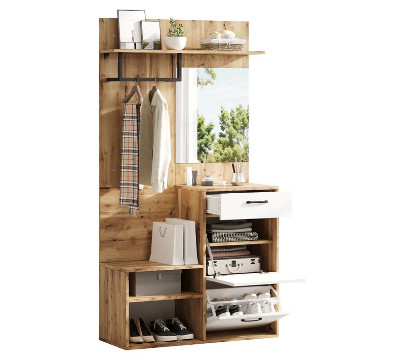 Porte-manteau D'entrée Avec Miroir, 1 Tiroir Et 2 Abattants, Panneau De Particules, Blanc Et Bois