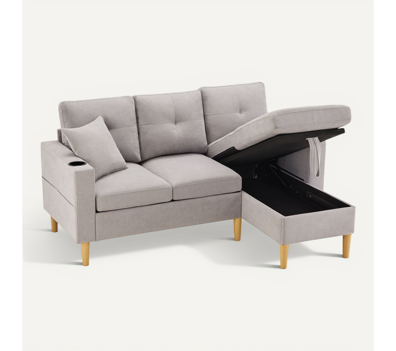 Canapé D'angle 3 Places - Rangement - 2 Coussins - Coton-lin - Gris Clair