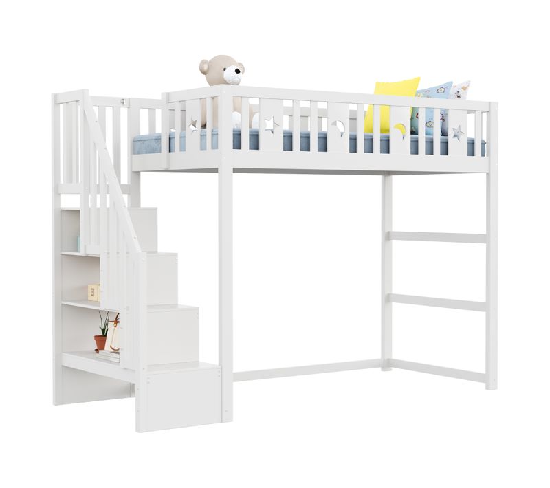Lit Mezzanine 90x200 Cm - Lit Simple Enfant Avec Escalier Sécurisé Et Décor Lune Et Étoiles - Blanc