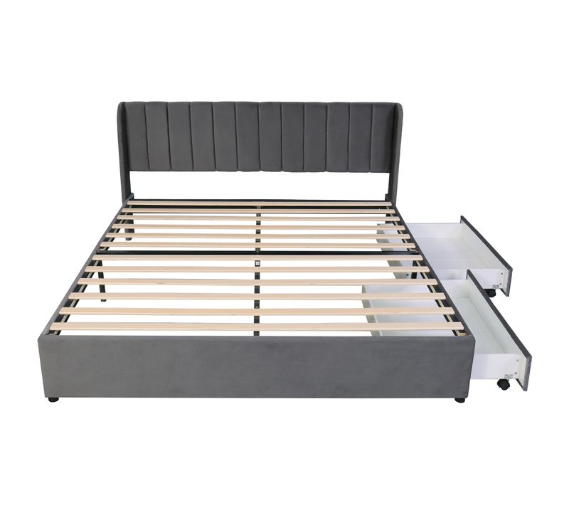 Lit Double 180x200 Cm - Rangement Intégré - 2 Tiroirs - Sommier Inclus - Velours - Gris