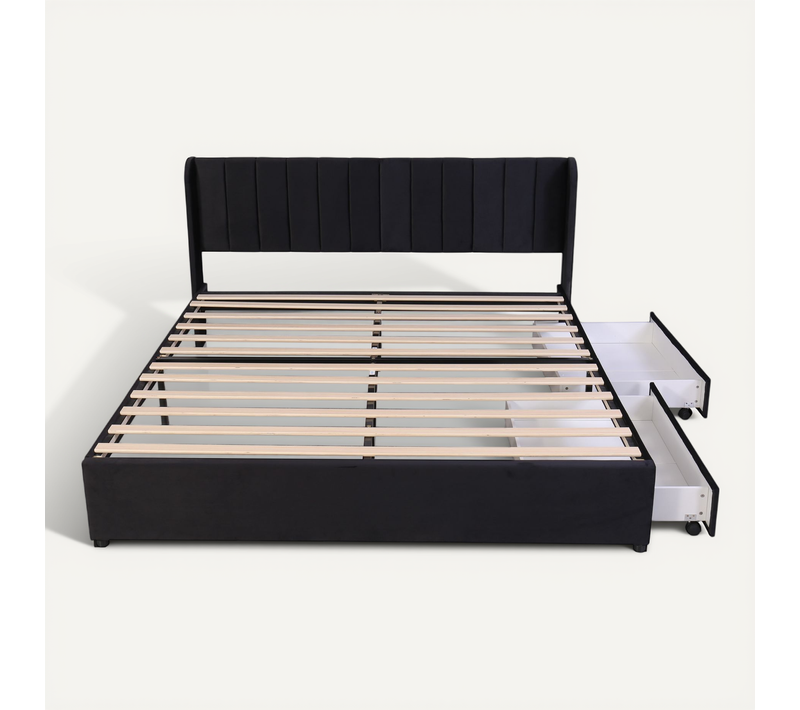 Lit Double 180x200 Cm - Rangement Intégré - 2 Tiroirs - Design Capitonné Moderne - Velours - Noir