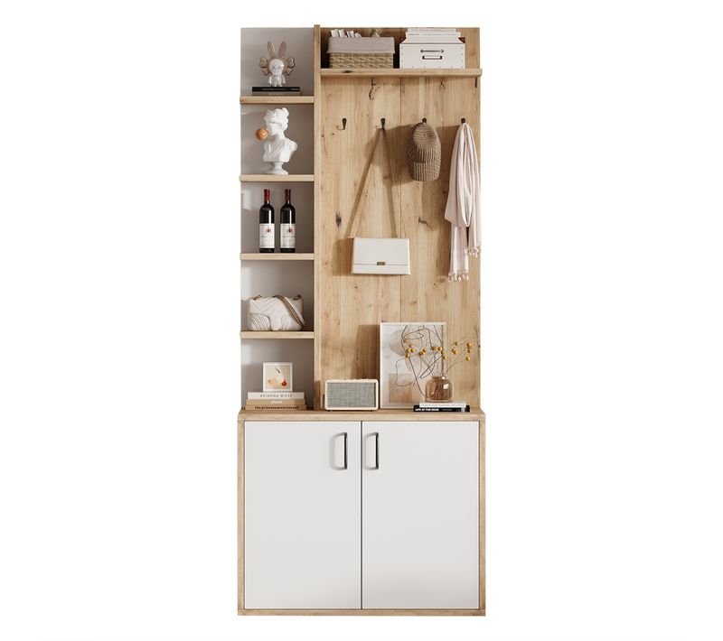 Vestiaire D'entrée Avec Placard Fermé, 6 Étagères, Panneau De Particules, Naturel Blanc