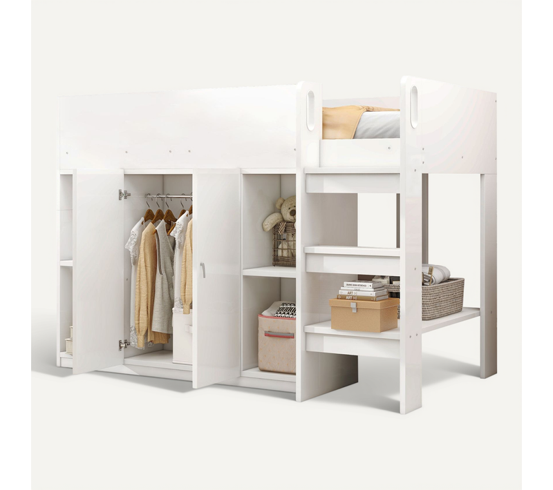 Lit Mezzanine 90x200 Cm - Enfant - Échelle Latérale - Placard - Rangement Optimisé - Blanc
