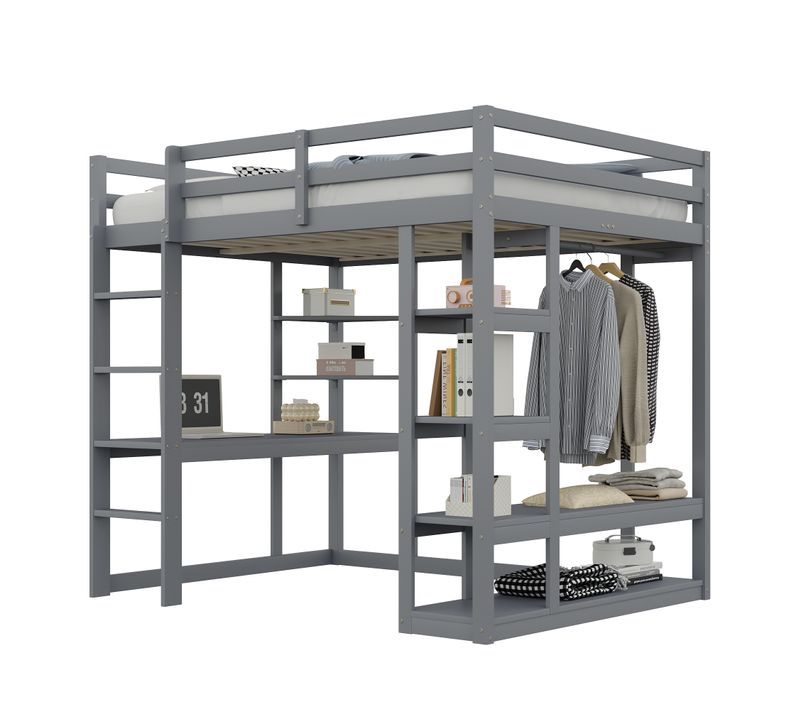 Lit Mezzanine 140x200 Cm - Lit Double - Bureau Intégré - Rangements - Échelle - Pin+mdf - Gris
