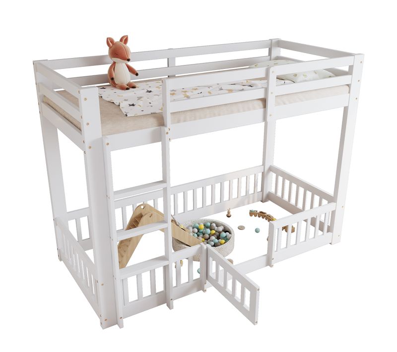 Lit Superposé 90x200 Cm - Lit Enfant Avec Échelle, Garde-corps Et Portillon - Stable - Blanc