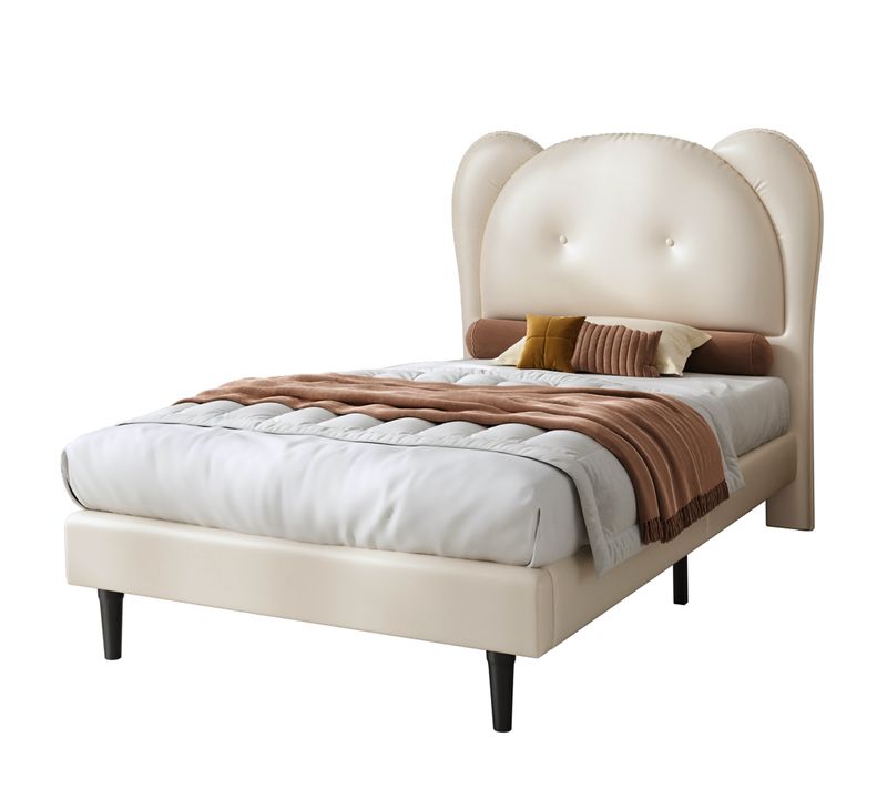 Lit Enfant 90x200 Cm - Lit Simple Avec Tête De Lit En Forme D'animal - Pu - Beige