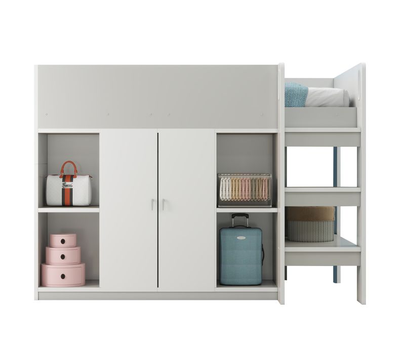 Lit Mezzanine 90x200 Cm - Enfant - Échelle Intégrée - Placard - Rangement - Structure Stable - Gris