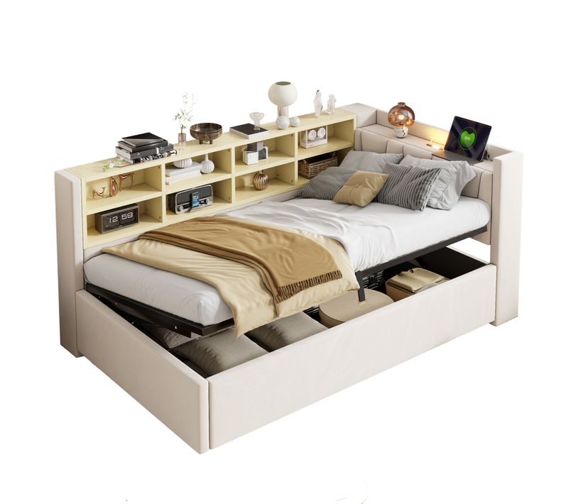 Lit Banquette 90x200 Cm - Simple, Coffre Hydraulique, Étagères, USB - Velours Beige