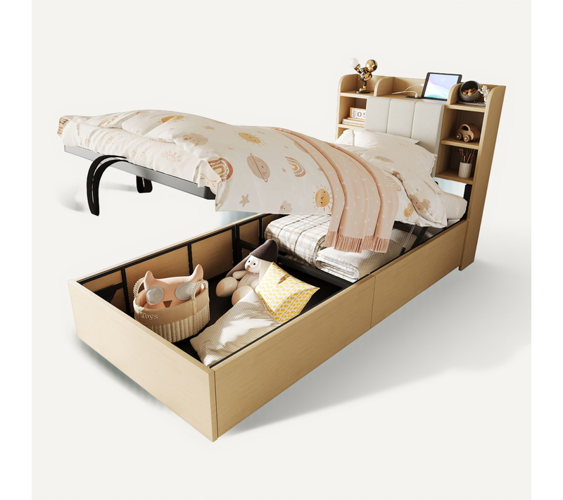 Lit Coffre Simple 90x200 -rangement Pratique - Tête De Lit Fonctionnelle - Ports USB Et Type-c