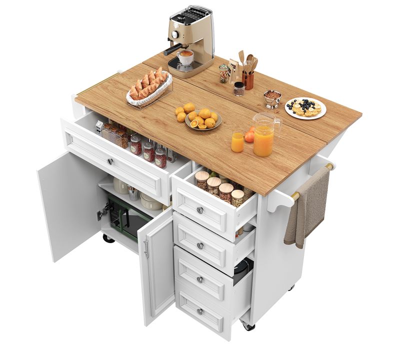 Îlot Cuisine Multifonction Avec Rangements Et Roulettes, Buffet Pliable, Mdf Et Métal, Blanc